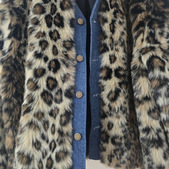 Harvey Faircloth Leopard Printed Faux Fur Denim Bomber Jacket Size M - Picture 3 of 6